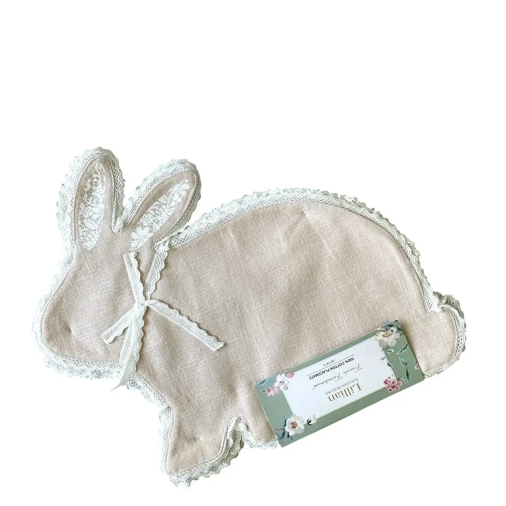 Lillian August Tan Bunny Shaped Placemats 17in Set of 4 Lace Accents NEW